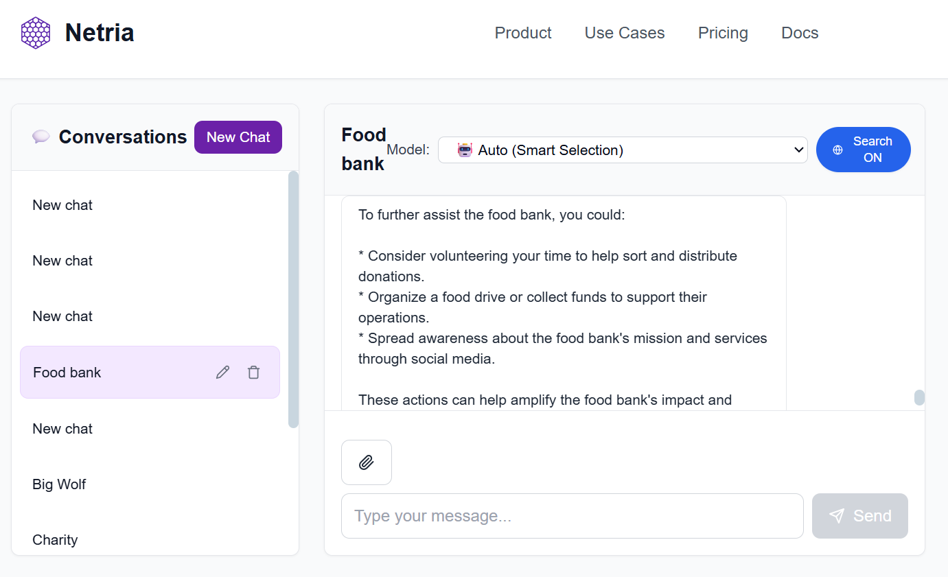 Netria dashboard showing node hosting configuration and model selection